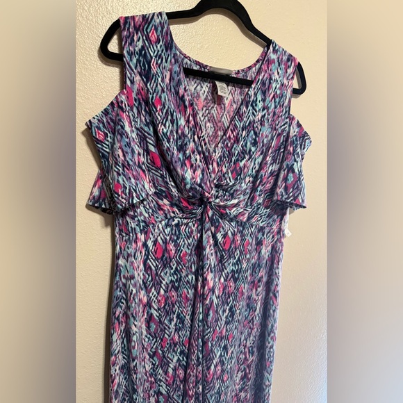 Catherines Maxi Dress Knit Geometric Purple Cold Shoulder Gathered V Neck - Picture 3 of 3